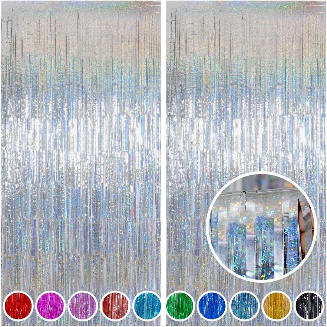 Melsan Silver Tinsel Backdrop Curtain, 3.2 ft x 8 ft Silver Foil Fringe Curtains, Sparkle Metallic Streamers for Disco Bachelorette Birthday Party Decorations, 2 Pack