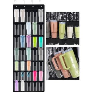 NiHome 35-Pocket Large Capacity Door Cup Organizer for Stanley Tumblers 30oz, 40oz, Door Hanging Water Bottle Storage with Double-Sided Tape Stabilizer, Waterproof Oxford Fabric, Transparent, BPA-Free 75.2'' x 24.4", Black (Upgraded)