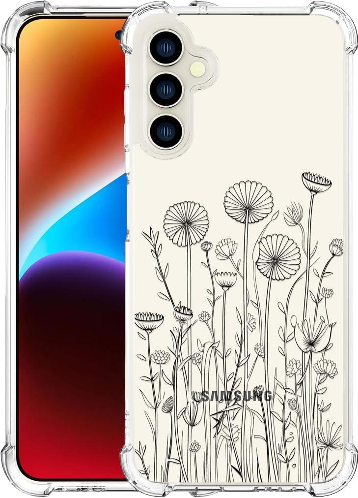 Compatible with Samsung Galaxy S23 Cases with Design, Cute Transparent Designer Phone Case for Women Girls Girly with Heavy Duty Protective Bumper (Clear Black Flower Bouquet)