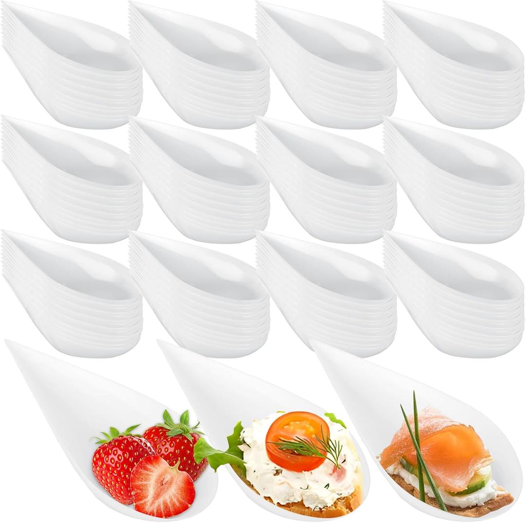 400 PCS 4 Inch Plastic Appetizer Spoons, Tear Drop Appetizer Plates for Dessert, Mini Tasting Plate Disposable Party Small Serving Plates for Appetizers Dishes and Desserts - White