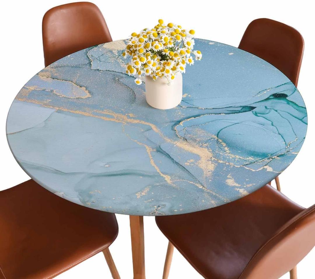 Marble Round Fitted Tablecloth Green Blue Ink Colors Translucent Modern Elastic Edge Tablecloth Waterproof Oilcloth Table Cover for 40"-44"