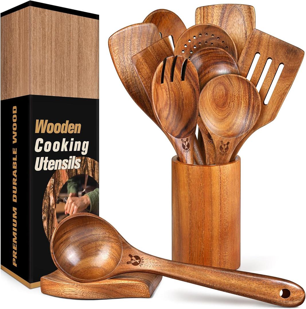 12 Pcs Teak Wooden Utensil Set with Holder & Spoon Rest, Wooden Spoons for Cooking with Comfort Grip, Wooden Cooking Utensils Set for Nonstick Cookware, Lightweight & Heat Resistant Kitchen Utensils
