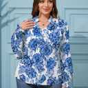 Kistore Long Sleeve Shirts for Women Pleated Cuffs Dressy Business Casual Blouses 2025 Trendy Puff V Neck Tunic Tops (Blue, S)
