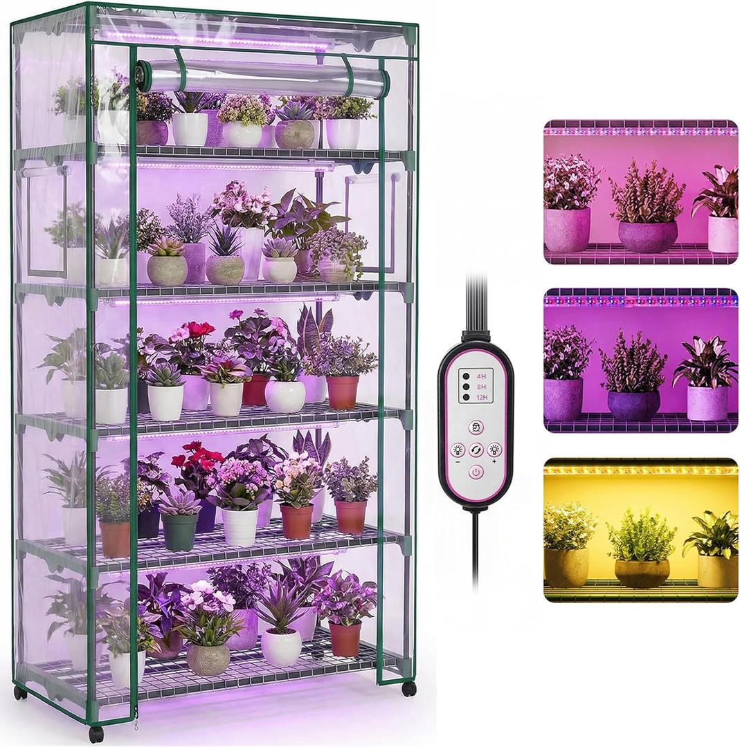 Indoor Greenhouse with Grow Lights & Wheels, 5 Tier Wire Shelf PVC Tent Portable Mini Green House Cabinet Kit for Plant Seed Starting Mushroom Grow