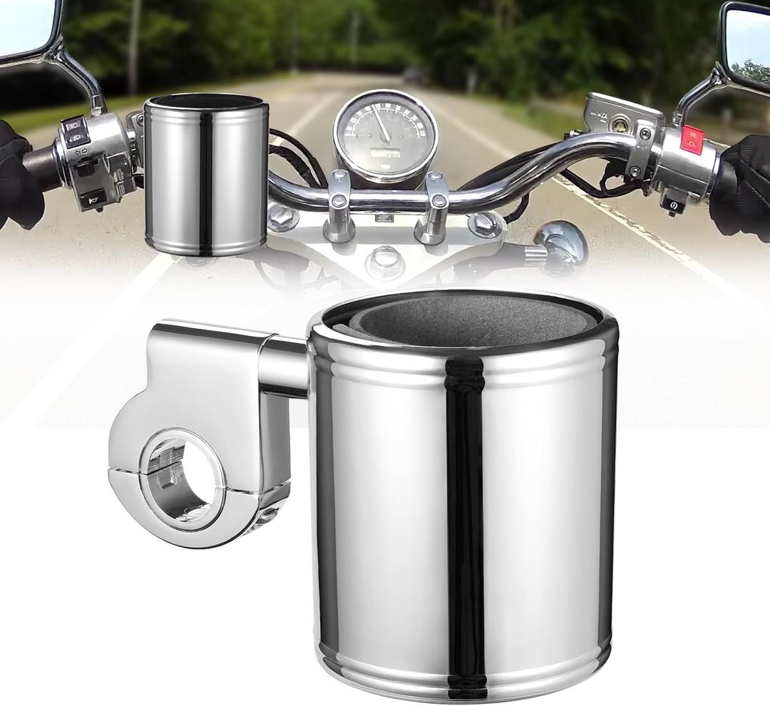 Motorcycle Handlebar Cup Holder, Chrome Motorcycle Handlebar Mount, Cup Drink Water Bottle Holder for Handlebar, Armrest, Roll Bar (Silver)