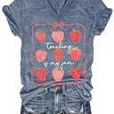 Teaching is My Jam Shirts for Women Teacher V Neck T-Shirt Loose Casual Strawberry Tops Fruit Graphic Tees Clothes (Blue4, XL)