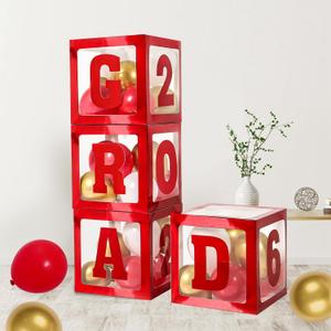 2026 Graduation Decorations - 4Pcs red Balloon Boxes with Letters 2026&Grad for Preschool Kindergarten Middle High School College Graduation Party Decorations Class of 2026, Red