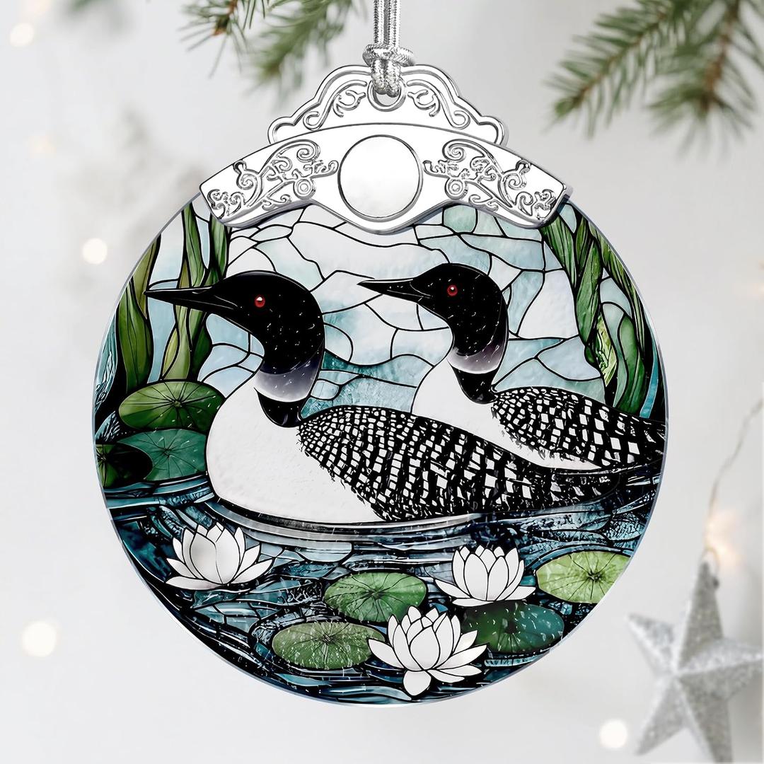 Loon Birds Stained Glass Ornament - Christmas Decorations for Tree | Christmas Ornaments | Holiday Ornament Gifts for Bird Lovers | Holiday Party Gifts | Gift Ideas & Xmas Gift
