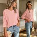 Orchidays Women's Casual 3/4 Sleeve T Shirts Basic Crew Neck Relaxed Fit Summer Tee Tops Light Pink (S)