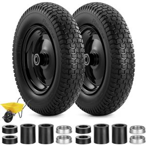 2 x 4.80/4.00-8" Flat Free Wheelbarrow Tire - 14.5" 2PCS Solid Tire and Wheel with 5/8" or 3/4" Bearings, Universal Replacements with 3" - 7" Centered Hub Fit for 4.8/4.00-8", 3.50/2.50-8", 4.00-6"(Black)
