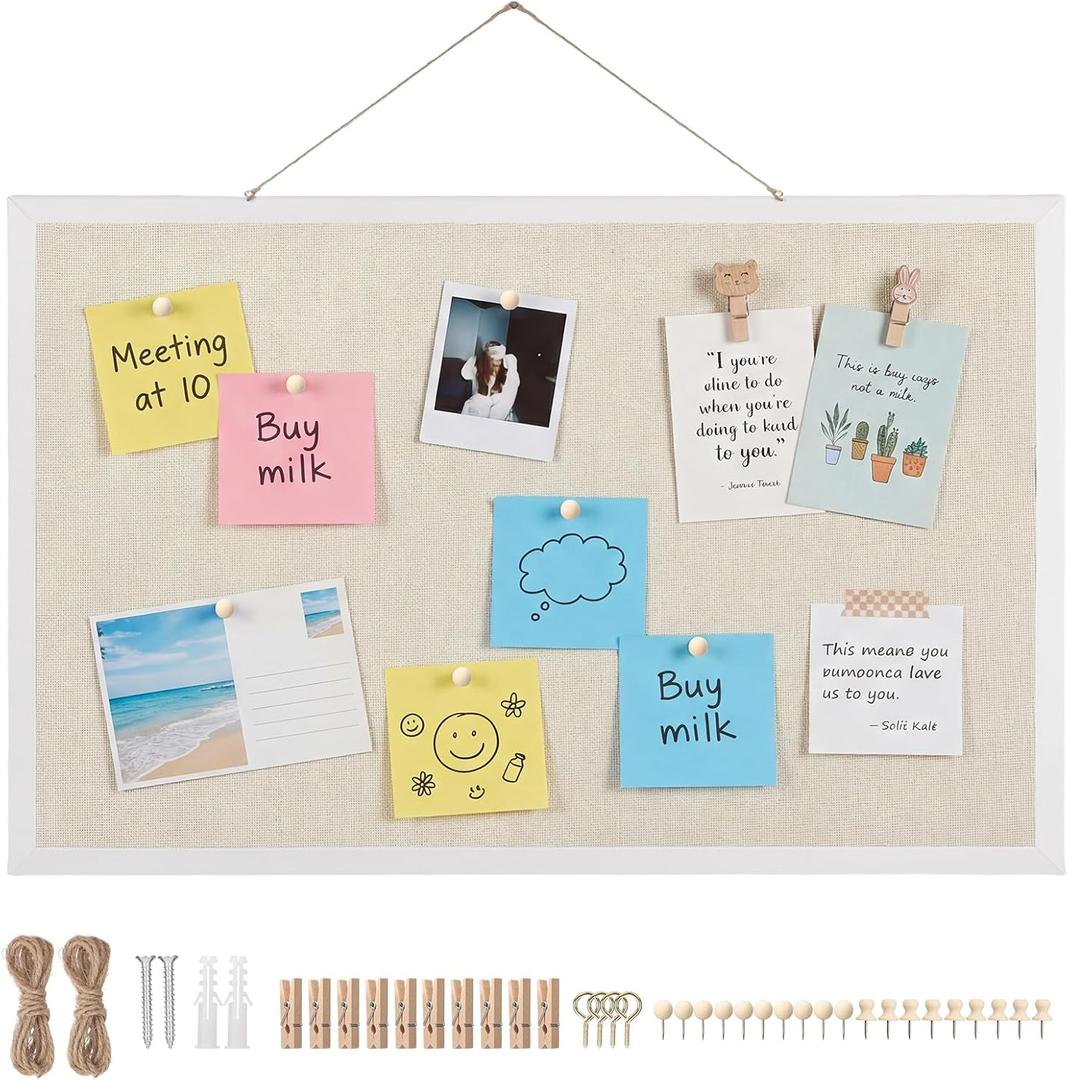 Thboxes Cork Board with Linen, 30" x 20" Double-Sided Bulletin Board Corkboard for Wall Picture Display Framed Vision Boards for Home Office School Pin Boards with 20 Pushpins &10 Clips