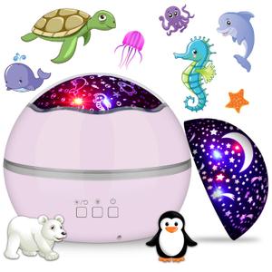 360 Rotating Night Light Star Projector for Kids Room, 2 in 1 Starry Sky and Sea World, Multi Colors Baby Bedroom Ceiling Wall Decor, Best Gift Boys Girls Birthday Festival (Pink)