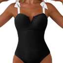 Aleumdr Women's One Piece Swimsuits Tummy Control Bathing Suits V Neck Boho Tie Shoulder Ruched Full Coverage Swimwear (Large, Black)