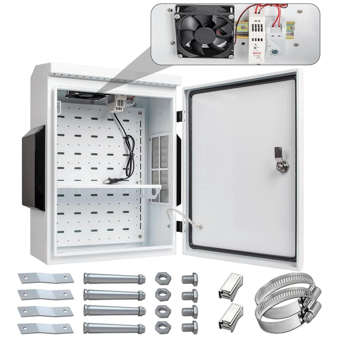 Outdoor Electrical Box with Thermostat and Fan, Cold-Rolled Steel Plate, Aluminum Alloy Back Beam, One-Piece Ventilation Design, IP65 Waterproof, Wall/Pole Mounted. (19.6" x 15.7" x 7.9")