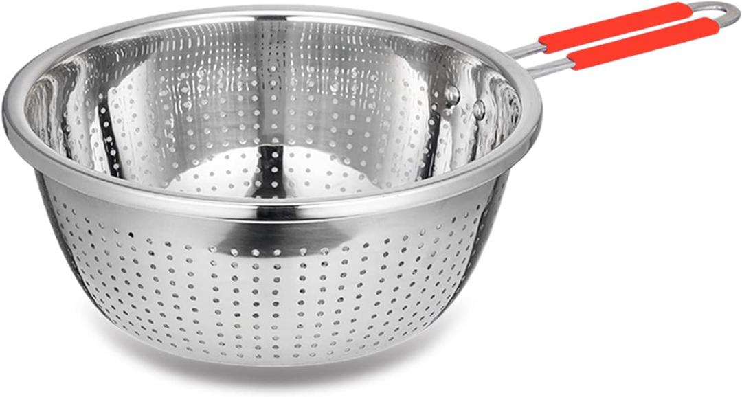 Stainless Steel Perforated Metal Colander Strainer with Long Red Handle Sieve Sifters Use for Kitchen Food Pasta Noodles Spaghetti Vegetables Silver - 10.24 inch (C072-Mer-26)