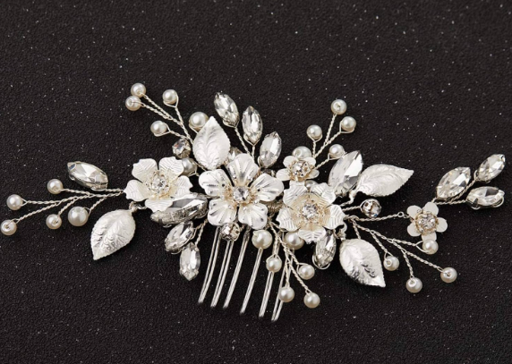 SWEETV Silver Bridal Hair Comb for Wedding Hair Accessories, Handmade with Crystals, Pearls, and Leaves, 4.72 x 2.75 inches, for Brides, Women
