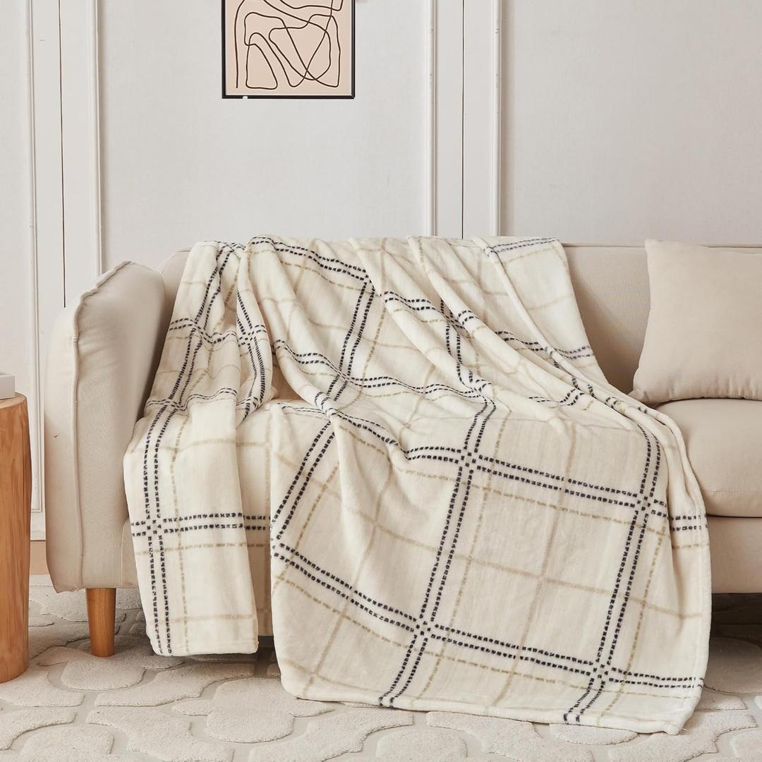 COOVA Super Soft Twin Blanket - Cozy Printed Checkered Fluffy Blanket, Lightweight and Warm Fleece Throw for Couch, Bed,Chair,Camping and Travel, for Women (Taupe, 60"x80")