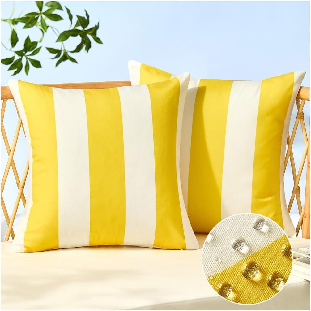 Allorry Outdoor Pillow Covers 16x16 Set of 2 Yellow Striped Decoration Throw Pillow Covers for Spring Summer Outdoor Waterproof Garden Patio Furniture Sofa Bed Home Decor 