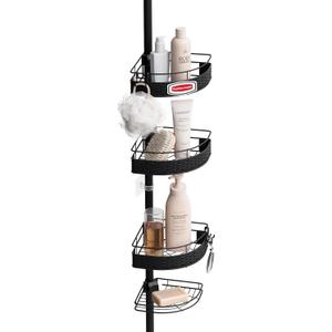 Rubbermaid Tension Pole Corner Shower Caddy: 4-Tier Bathroom Organizer Shelves, No Drill Installation for Renters, Apartments, Dorms, Family Bathroom, Adjustable 60-108 Inch, Black