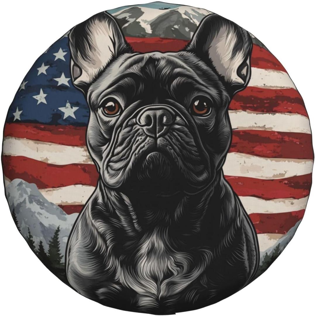 Spare Tire Cover for RV Camper, French Bulldog American Flag Tire Cover Protectors, Weatherproof Universal Wheel Cover for RV Travel Trailer Camper Truck 15in