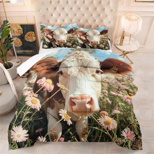 Ydtwnyq Floral Pattern Queen Size Bedding Set Girls Boys Kids Teens Adults Comforter Set Lightweight Fluffy Warm Microfiber Animal Theme Cow Face Pink Flowers Quilt Set
