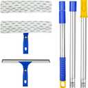 Window Washing Kit with Extension Pole, 10" Squeegee & 11" Microfiber Scrubber Combi with Stainless Steel Pole, Window Cleaner for Car, Sliding Door,Shower Glass Door-Swivel Style-2 Pads (Blue)