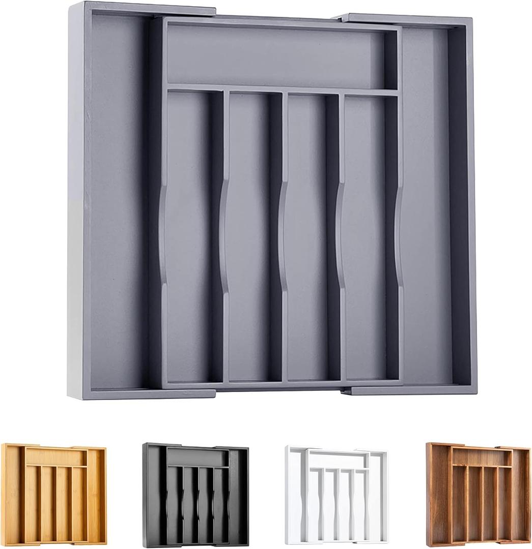 Kitchen Silverware Drawer Organizer and Storage Bamboo Wood Cooking Utensil Holder Cutlery Knife Jewelry Spice Rack Spoon Fork Multi Cabinet Organization Bathroom Counter Expandable Adjustable Tray (7 Slots Expandable, Gray)