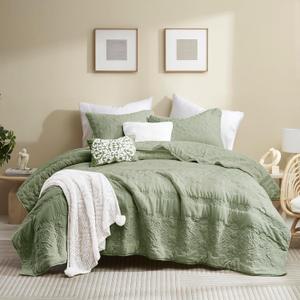 Boho Sage Green Quilt Queen Size Bedding Sets with Pillow Sham, Bohemian Lightweight Soft Bedspread Coverlet, Farmhouse Quilted Blanket Thin Comforter Bed Cover for All Season, 3 Pieces, 90x90 inches (Green-Boho)