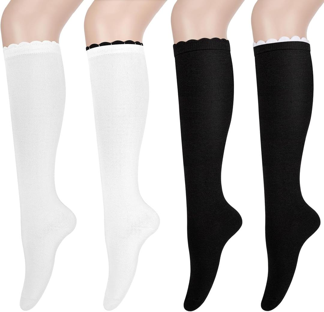 Womens Knee High Socks Halloween Christmas Long Thigh High Over the Knee Sock for Ladies Girls Festival Party Gifts (A-black/White)