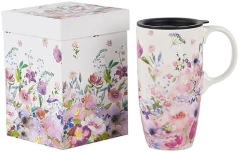 Ceramic Mug Tall Coffee Cup with Lid, Porcelain, Tea Cup with Handle for Latte, Cappuccino and Cocoa, Home and Office Coffee Cups, Art Pattern in Color Box, 17 oz, Pink Flower