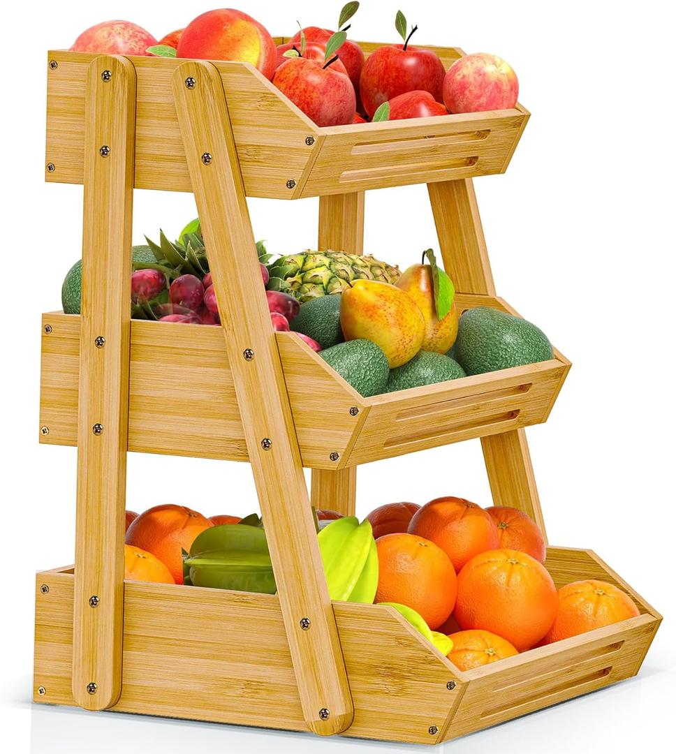 [Upgraded] Bamboo Fruit Basket with 4 Legs, 3-Tier Fruit Stand Storage Holder, Detachable Fruit Bowl for Countertop, Vegetable Holder for Kitchen Counter Organizer, Snack & Bread Storage Basket Stand