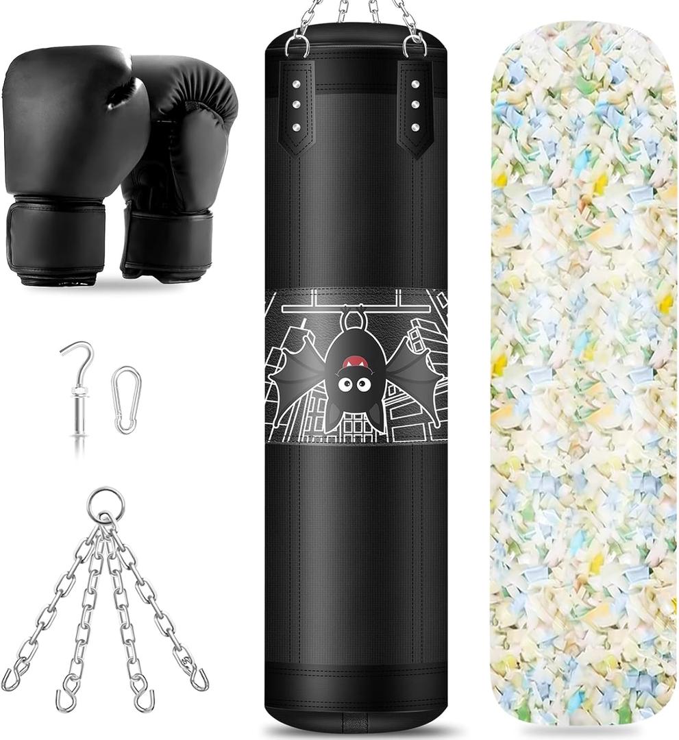 Kids Punching Bag Set, 2.75ft Filled Heavy Bag Kickboxing Bag with 2KG Sponge & 6oz Gloves, Hanging Boxing Bag for Kids Youth Boxing, MMA, Muay Thai, Karate, Martial Art, Home Gym Training