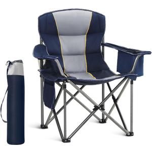 HIGH POINT SPORTS Oversized Portable Folding Camping Chair, Blue, 450 LBS Support, Sports Lawn Chair with Cup Holder and Cooler Bag (Single Pack)