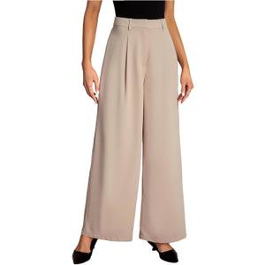 Women's Wide Leg Flowy Dress Pants High Waisted Loose Fit Work Office Trousers (Beige, L)