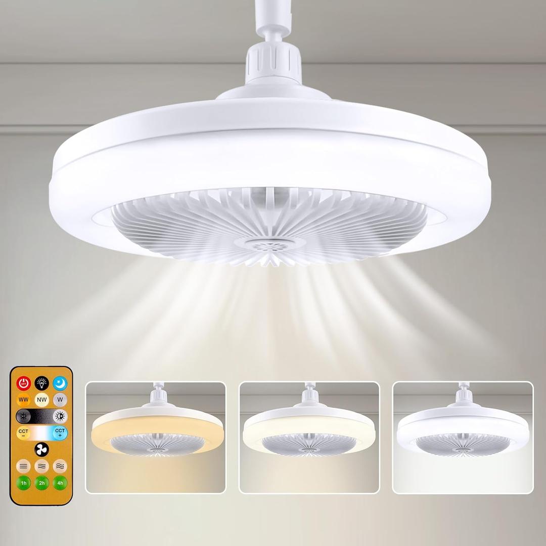 Socket Fan Light with Remote, 10 Inch Socket Ceiling Fan with 3-Speeds, Dimmable LED, E26/E27 Base, Small Cordless Light Socket Ceiling Fan for Bedroom, Kitchen and Small Rooms
