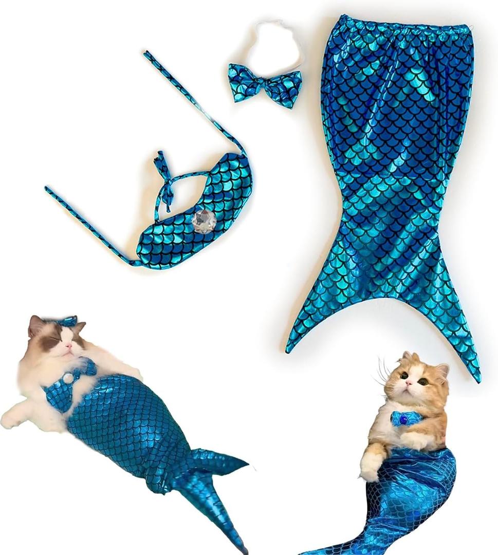 Cat Funny Costumes, Mermaid Costume, Mermaid Tail for Cats Creative Decorative Clothing for Small Dogs, Tails Funny Photo Props and Party Supplies (Blue)