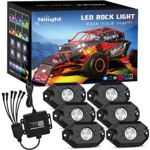 Nilight RGB LED Rock Lights Kit, 6 pods Underglow Multicolor Neon Pod with Bluetooth App Control Flashing Music Mode IP68 Exterior Wheel Well Light for Truck ATV UTV RZR SUV