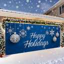 Christmas Garage Door Banner 7x16 ft  Happy Holidays with Snowflakes and Ornaments  Festive Outdoor Decoration for Garage, Yard, and Front Door  Waterproof, Easy to Hang (70)