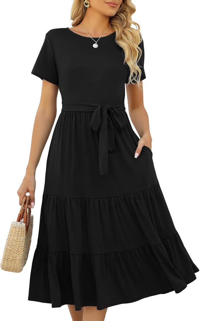 Lyrur Women's Dresses Casual Summer Tiered Midi Dress Short Sleeve Belted Ruffle Babydoll Boho Sundress with Pockets (Large, Black)