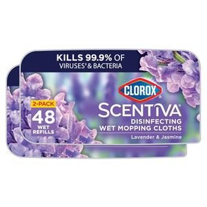 Clorox Scentiva Disinfecting Wet Mop Pad, Disposable Heads, Multi-Surface Floor Wipes, Lavender and Jasmine, 2 Packs, 24 Refills Per Pack