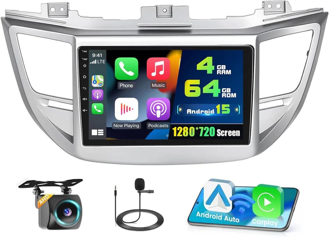 4+64GB for Hyundai Tucson Car Stereo 2015-2018,9 IPS HD Touchscreen Radio with Wireless Apple CarPlay Android Auto DSP 5G WiFi Bluetooth 5.0 GPS Navigation SWC