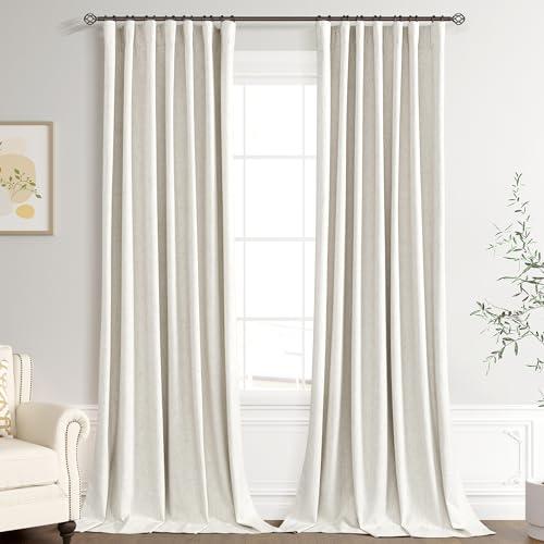 Extra Long 100% Blackout Linen Curtains for Bedroom 124 Inches Long Natural Cream Black Out Curtain Hook Belt 2 Panel Thermal Insulated Room Darkening Window Drapes for Living Room Beige Ivory