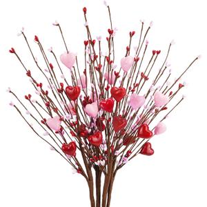 4 Pack Valentines Day Picks, 24.4" Heart Shaped Berry Picks Artificial Red Berry Flower Stems Artificial Berries Branches for Valentines Day Wedding Anniversary Decor