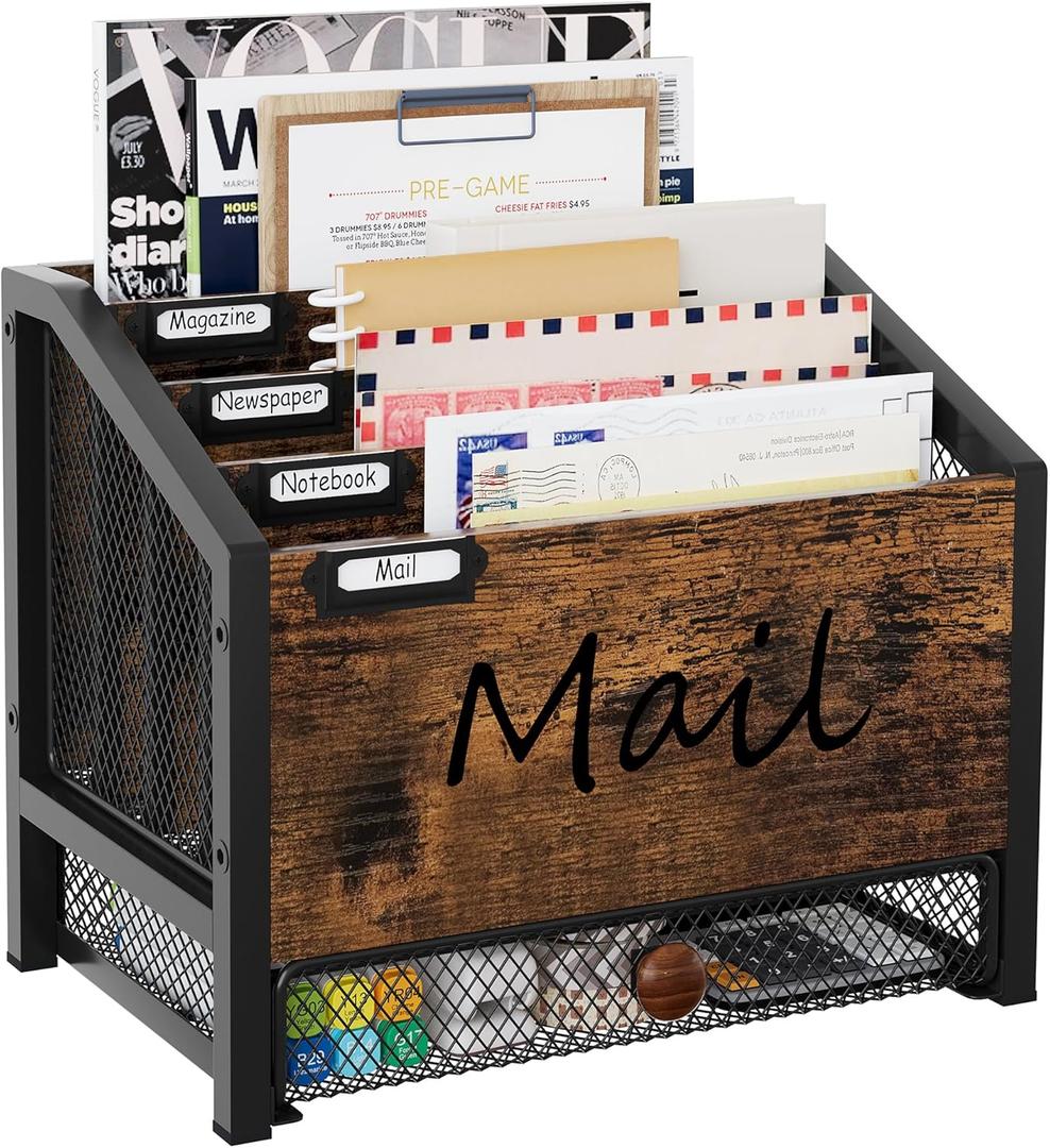 Mail Organizer - 4 Slots Wooden Desk Organizer with Mesh Drawer, Countertop Mail Receipt Business Card Holder, Vertical File Sorter Letter Tray, Black/Antique