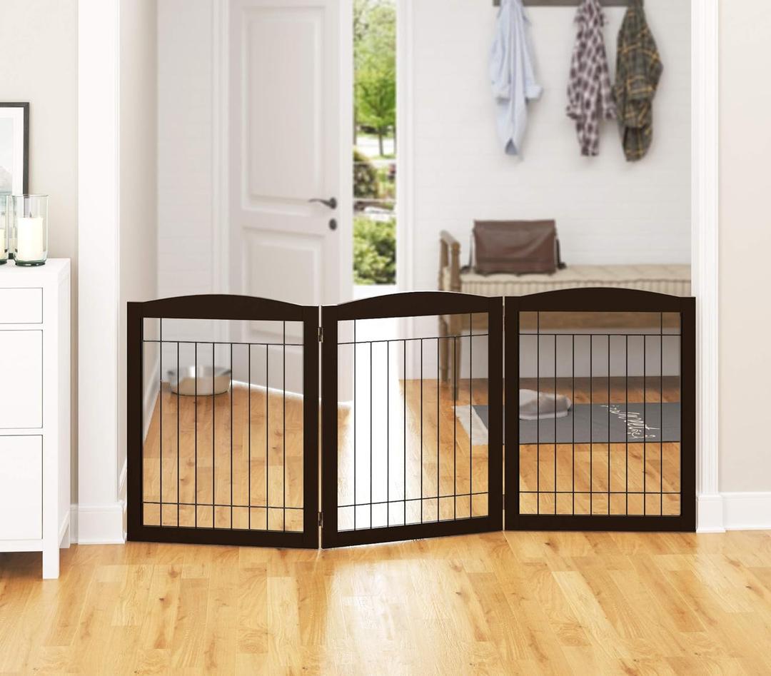 PAWLAND 72 Extra Wide Dog Gate for The House, Doorway, Stairs, Freestanding Foldable Wire Pet Gate, Pet Puppy Safety Fence,30" Height (Espresso, 3 Panels)