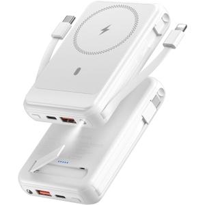 superallure Magnetic Power Bank 12000mAh for Magsafe Portable Charger, 22.5W Fast Charger Wireless Battery Pack with Built in Cables, for iPhone 16/16 Plus/16 Pro/16 Pro Max iPhone 15/14/13/12 Series (White)