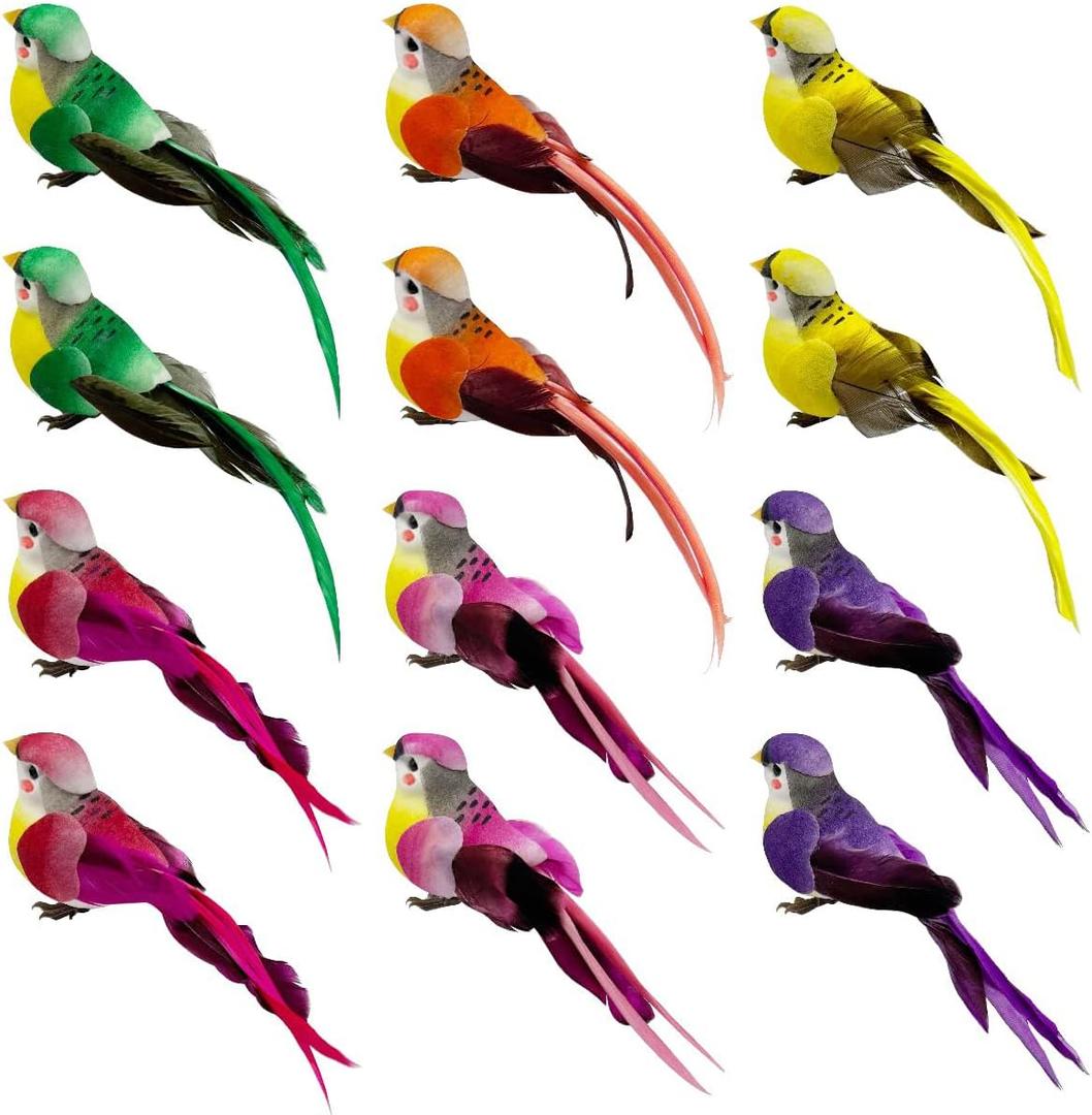 LWINGFLYER 12pcs Assorted Artificial Birds Ornaments 6-inch Simulated Foam Feathered Birds for Home Garden Wedding Party Decoration Wreaths Crafts Christmas Tree Decor Claw
