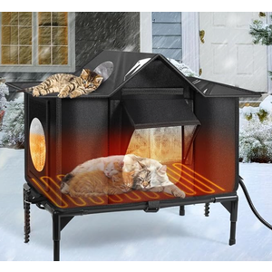 Heated Outdoor Cat House Weatherproof with Heating Pad, Insulated Feral Cat Houses for Outdoor Cats, Safe Escape Door, Heated Cats House for Outside, Outside Stray Cats Shelter with Elevated Base(L)