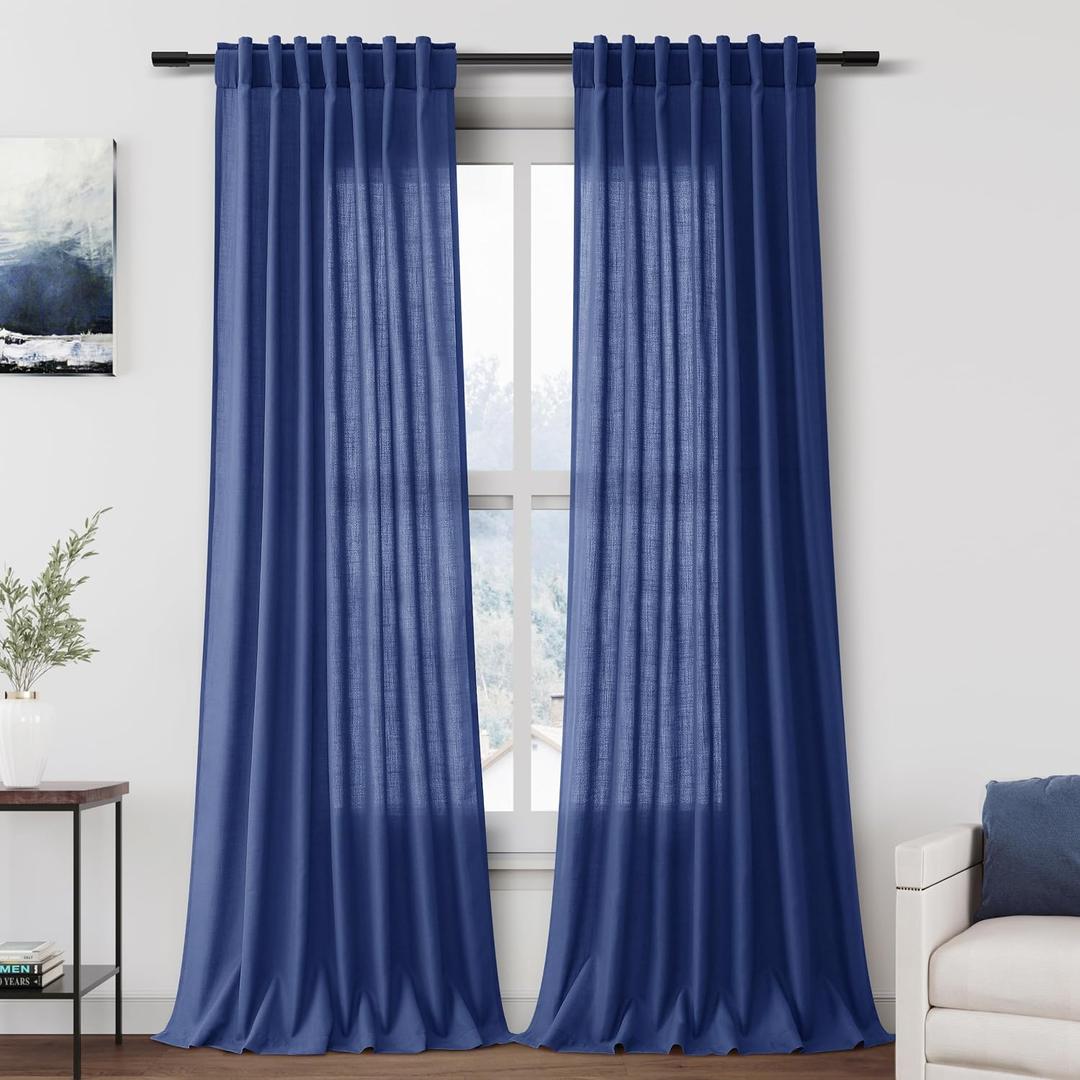 Nanspring Classic Blue Linen Curtains 108 Inches Long for Living Room Bedroom 2 Panels Set Extra Long Back Tab Curtain Light Filtering Sheer Drapes Floor to Ceiling Curtain for Large Windows 52x108