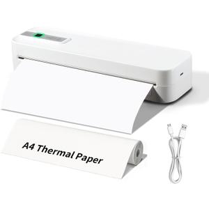 Travel Thermal Wireless Portable Printer, Bluetooth & USB Inkless Printing Inkless Printer Support A4/A5 Thermal Paper, Compatible with Android & iOS Phone/Laptop White